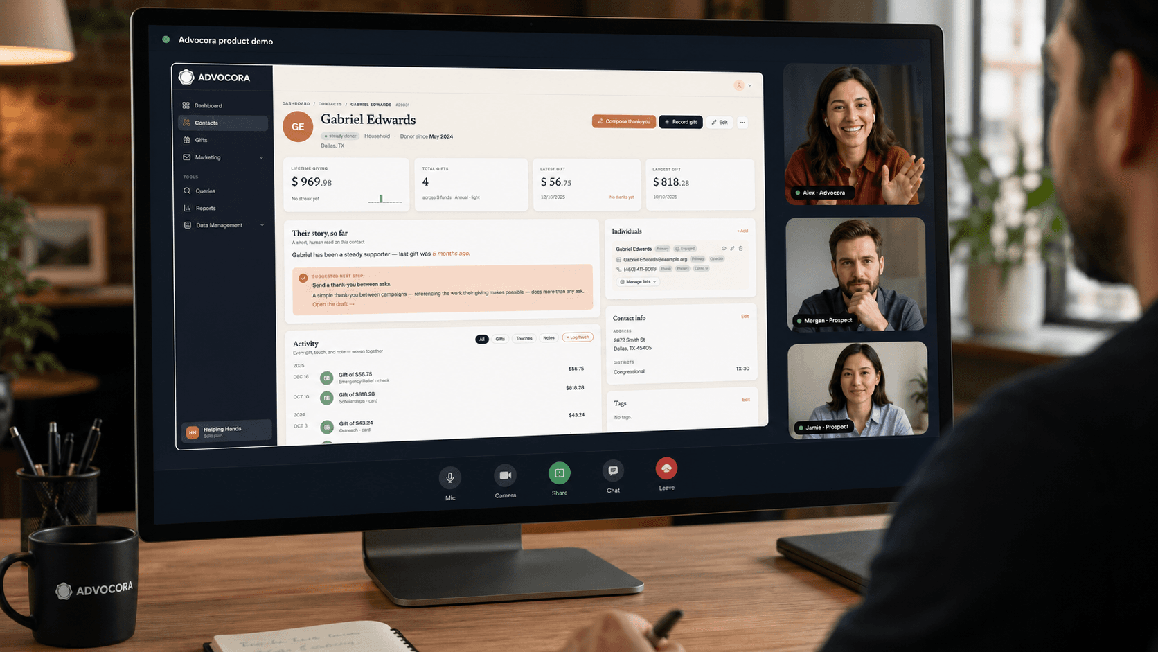 An Advocora account executive giving nonprofit leaders a live product demonstration