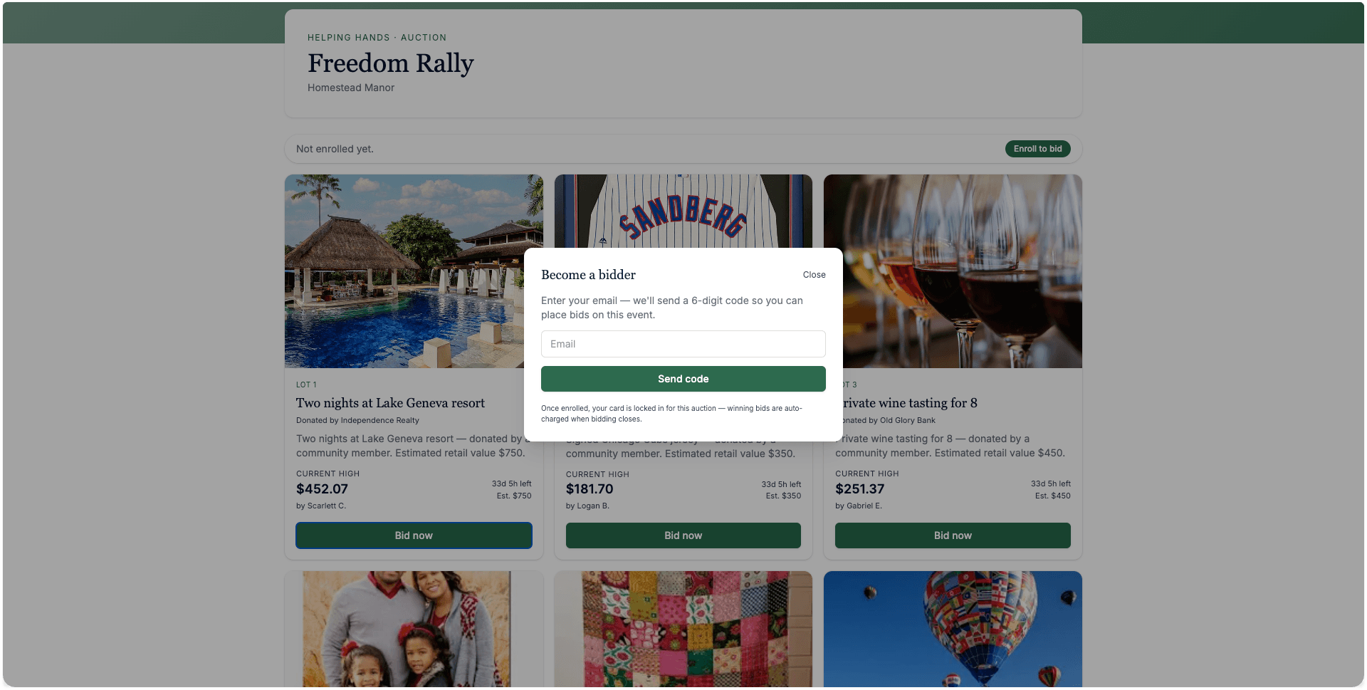 Public auction page with Become a bidder modal