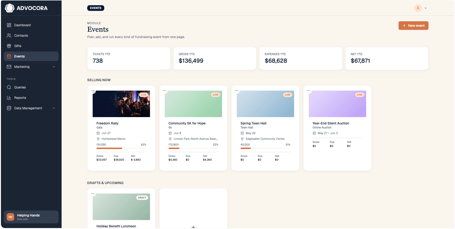 Event detail page with ticketing, Stripe Connect status, and tier setup